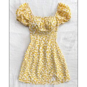 Yellow Floral Puff Sleeve Smocked Mini Dress Women XS Sweetheart Cottagecore